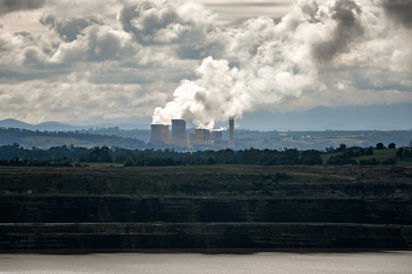 The Hazelwood pit with Yallourn power station behind. The Coalition is talking about building nuclear reactors at coal-fired power sites.