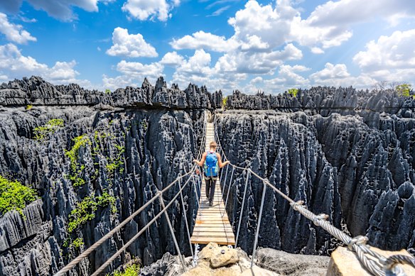 A bridge over a sandstone gorge, Tsingy de Bemaraha National Park, Madagascar.