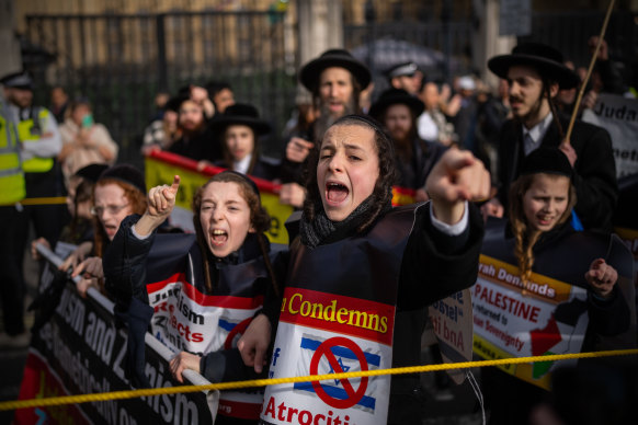 Anti-Zionist Orthodox Jewish children shout at pro-Israel supporters at a march on Al Quds Day on April 5. The day is celebrated worldwide on the last Friday of the holy month of Ramadan to show support for the Palestinians.