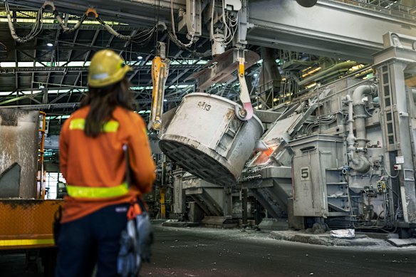 A worker at Tomago Aluminium in NSW.