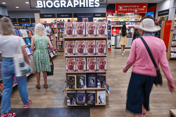 Prince Harry’s book <i>Spare</i> on sale at Dymocks Melbourne on Collins Street.