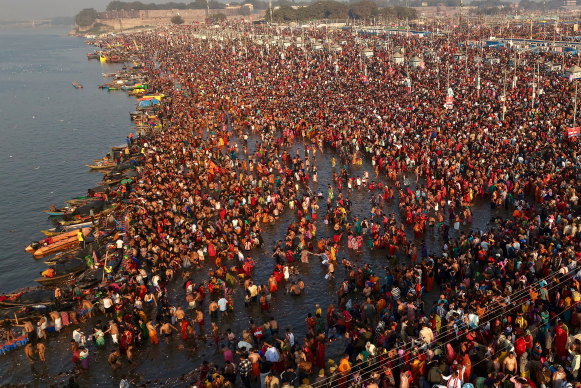 A record number of pilgrims was expected to bathe in the sacred rivers.