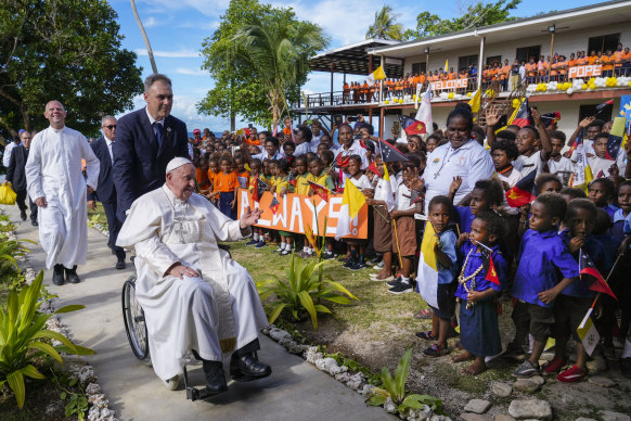 Pope Francis arrives at the Holy Trinity Humanistic School in Baro, near Vanimo, Papua New Guinea.