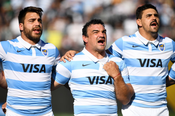 Agustin Creevy belts out the Argentinian national anthem before beating the Wallabies in San Juan.