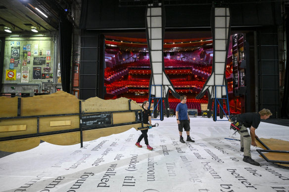 Workers pack down the State Theatre following The Australian Ballet’s production of Alice’s Adventures in Wonderland on March 27.