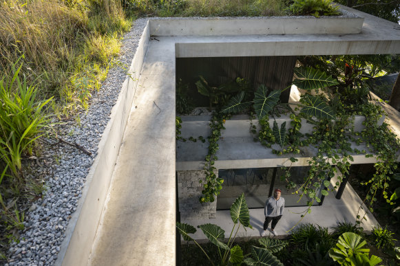 Architect Thomas Martin with a home he designed for a client in Clareville which has a green roof, lush gardens and window boxes. It is inspired by Brazilian modernism.