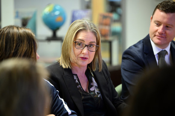 Victorian Premier Jacinta Allan with new parliamentary secretary for men’s behaviour change Tim Richardson (right) on Thursday.