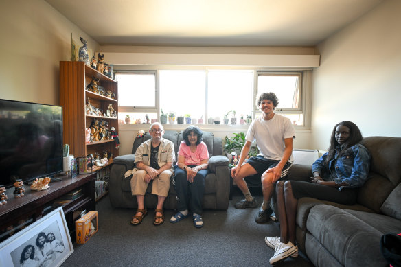 Cast members of the FLATS series in the Fitzroy public housing flats, Jeff McNair, Jessie Pulis Will Weatheritt and Adut Miar. 