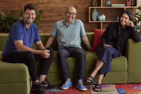 Canva co-founders (from left) Cliff Obrecht, Cameron Adams and Melanie Perkins.