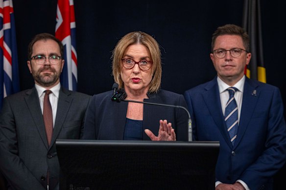 Premier Jacinta Allan on Monday, with Consumer Affairs Minister Nick Staikos (left) and Police Minister Anthony Carbines.