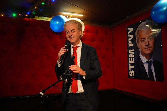 Geert Wilders, Dutch right-wing politician and leader of the Party for Freedom (PVV), reacts to the exit poll and early results.