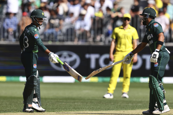 Pakistan’s batting partners Saim Ayub, left, and Abdullah Shafique in action in Perth. 