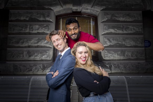 Comedians Sammy J, Nazeem Hussain and Michelle Brasier at Melbourne Town Hall.
