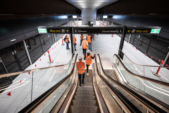 Escalators to the 170-metre-long platforms at Waterloo station.