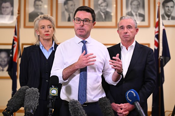 Nationals Leader David Littleproud, Nationals Deputy Leader Kevin Hogan and Nationals Senate Leader Bridget McKenzie speak to the media during a press conference at Parliament House in Canberra on Tuesday.
