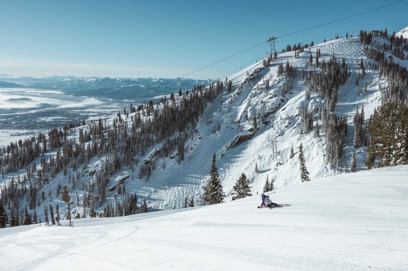 A skier on groomed terrain, Jackson Hole.