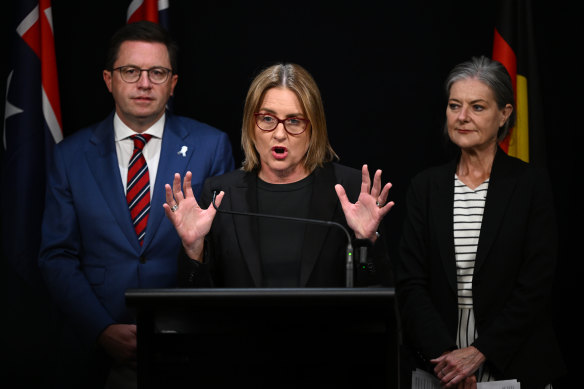 Police Minister Anthony Carbines, Premier Jacinta Allan and Attorney-General Sonya Kilkenny announcing changes to Victoria’s bail laws on March 12.