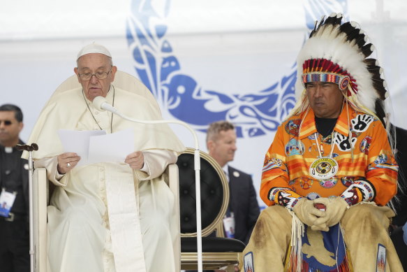 Pope Francis delivers his apology to indigenous people for the church’s role in residential schools, at a ceremony in Maskwacis.