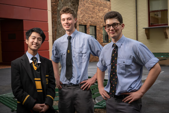 Sydney Grammar Latin students Felix Lin, Hugo Sharkey and Rory Lambert took the Latin HSC exam on Friday.