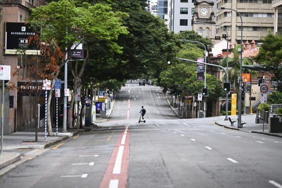 A near-deserted Ann Street in Brisbane’s CBD on Friday, ahead of Cyclone Alfred’s arrival.