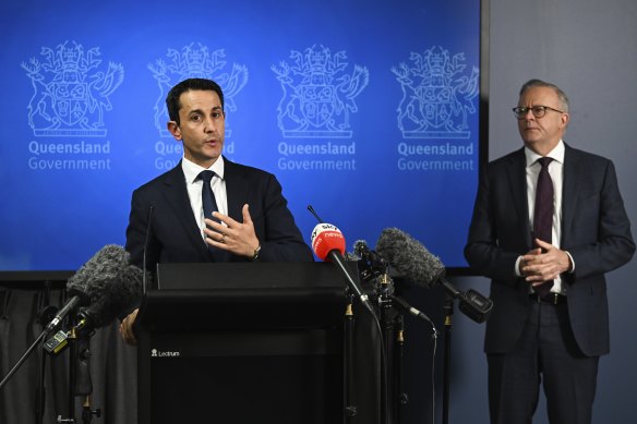 Premier David Crisafulli and Prime Minister Anthony Albanese hold a press conference about the government’s response to Cyclone Alfred in Brisbane on Wednesday.