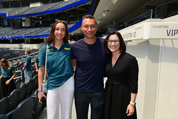 Lani Pallister, Ian Thorpe and Anna Meares on a tour of SoFi Stadium ahead of the 2028 Olympics. 
