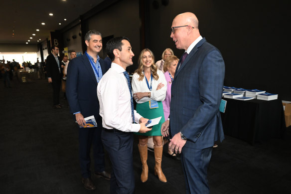 Queensland Opposition Leader David Crisafulli  with federal Opposition Leader Peter Dutton at the 2023 LNP state convention – to take place again early next month, with nuclear likely on the agenda.