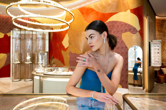 Model Ruby Jean Wilson in Cartier’s new Oceania flagship store in Sydney, wearing price on application pieces.