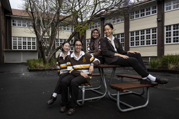 Sydney Girls HSC students Ally Xie, Sofia Malik, Rozana Abonty and Stephanie La after the completion of the HSC English advanced paper 1 exam. 