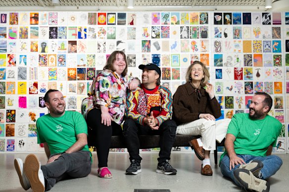 Incognito founders Ed Liston (left) and David Liston (right) with artists Catherine McGuiness, Billy Bain and Eliza Gosse who have contributed art to the Incognito Art Show at the Garden Gallery in the Botanic Gardens of Sydney.
