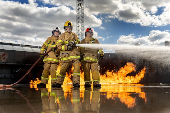 The real deal: Ballan CFA crew members Billy Smith, Matt Gorman and Ben Hatfield. 