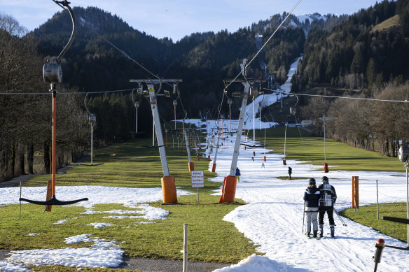 German ski fields. Warm weather in much of Europe has helped drive down gas prices.