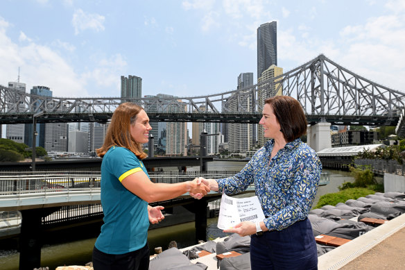 Chelsea Gubecka is presented with a ticket to Paris 2024 by Chef de Mission Anna Meares after being the first athlete selected for the Paris Olympics.