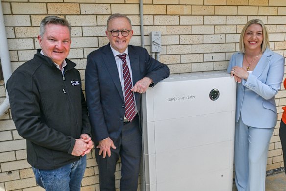 Chris Bowen, Anthony Albanese and the member for Bonner, Kara Cook, during a press conference about solar batteries in Brisbane in August 2025.