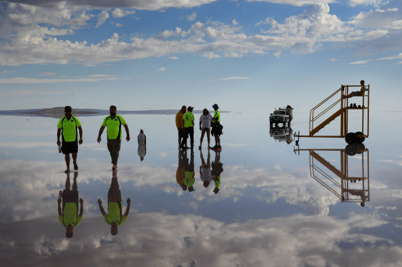 The salt flats turned to water by rain.