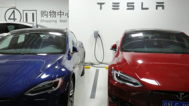 A public charging station for Tesla at the parking lot of Joy City shopping mall in Chaoyang district of Bejing.