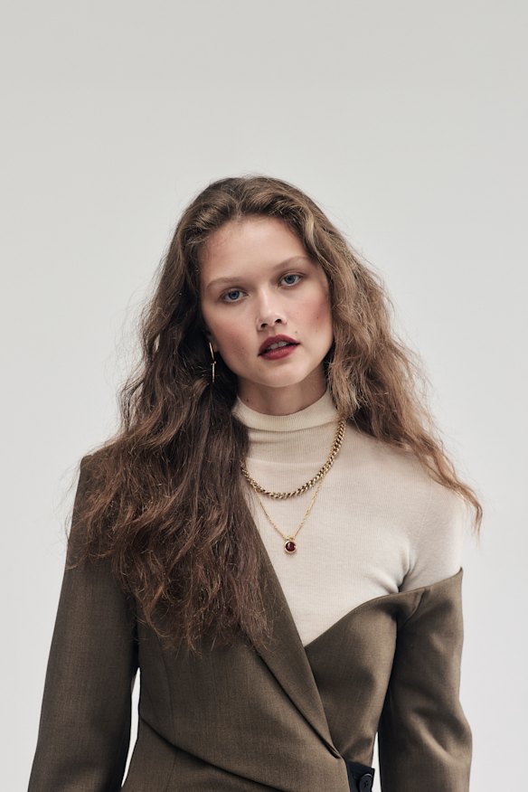 Sir “Sartoria” minidress, $590. Courtney Zheng “Merle” top, $255. Temple of the Sun “Quilla” earrings, $189, and “Pompeii”  pendant necklace, $349.