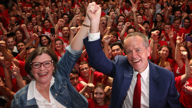 ALP leader Bill Shorten and Labor candidate for Batman Ged Kearney celebrate her federal byelection win.
