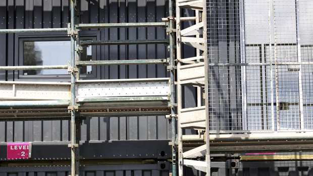 Close-up view on the modular construction of the social and affordable housing block in Guildford.