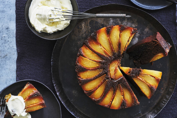 Helen Goh’s pear and molasses cake served with creme fraiche.