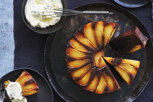 Serve this sticky, spiced pear cake warm or cold, with creme fraiche.