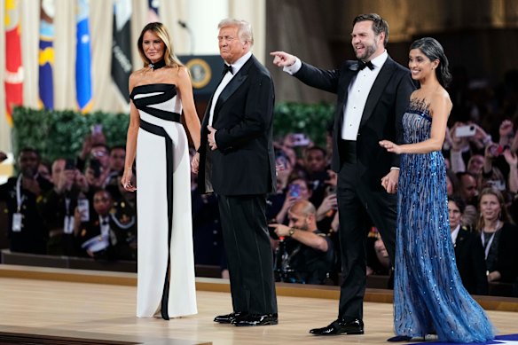 First lady Melania Trump, President Donald Trump, Vice President JD Vance and second lady Usha Vance attend the Commander in Chief Ball.