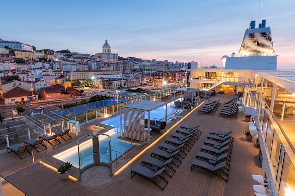 Silversea’s newest ship, Silver Ray, at port in Lisbon.