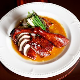 Soy-poached chicken with shiso broth. 
