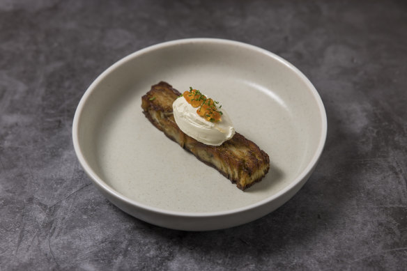 Kombu potato with creme fraiche and salmon roe.