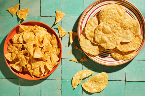 A tostada (right) is simply a deep-fried corn tortilla, and can be bought from specialty grocers.