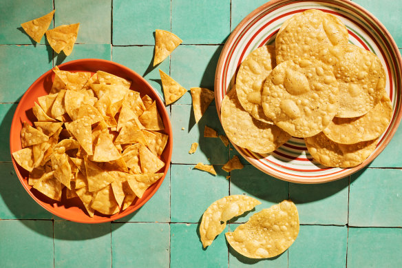 A tostada (right) is simply a deep-fried corn tortilla, and can be bought from specialty grocers.