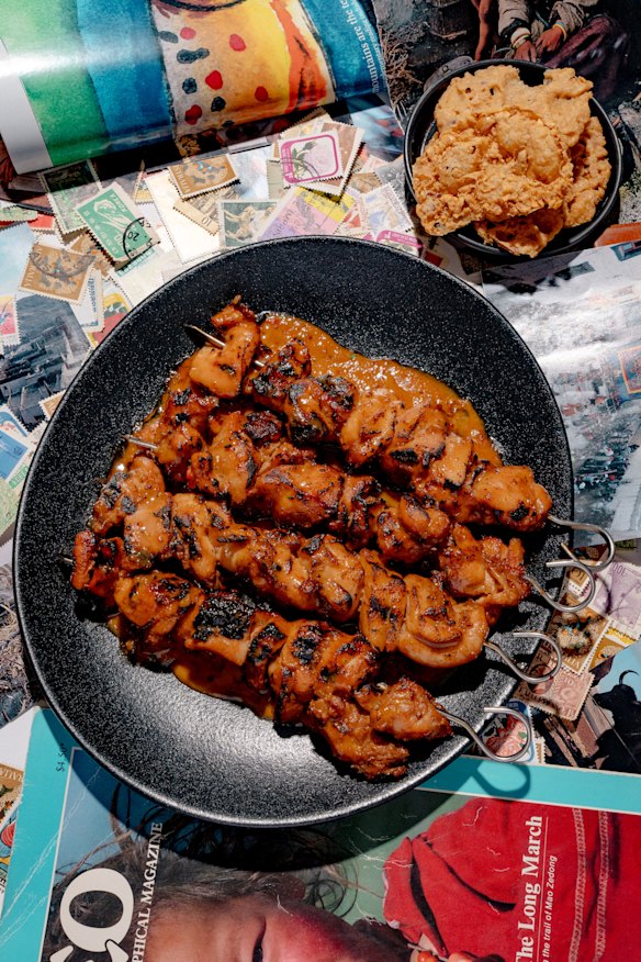 Chicken satay skewers.