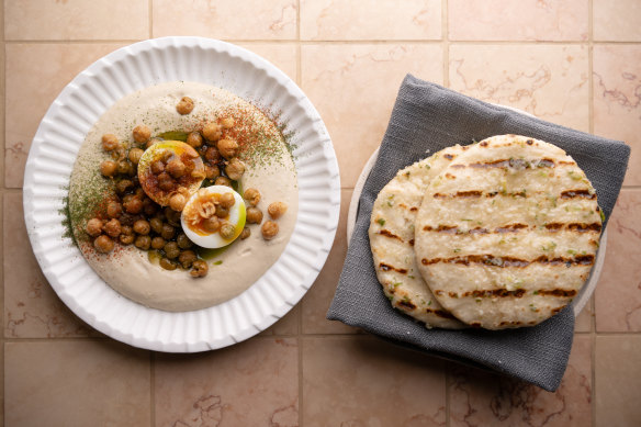 Go-to dish: Hummus, soft-boiled egg and green shallot oil.