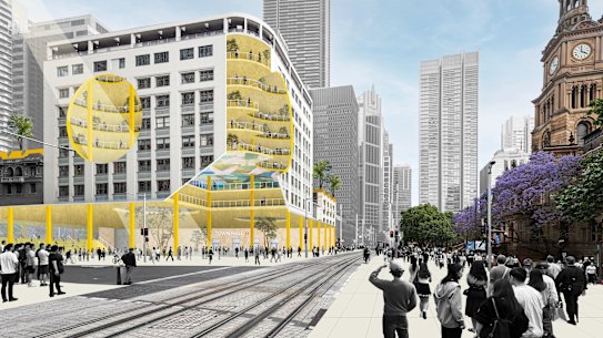 Render showing the new design for the Woolworths building opposite Sydney Town Hall.